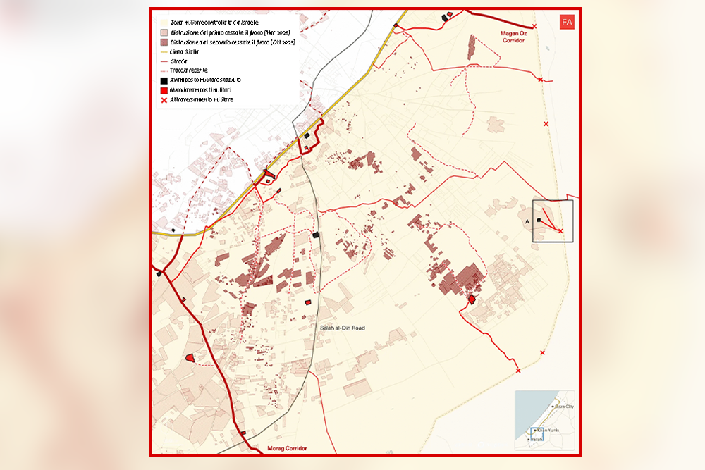 Distruzione nell'est di Khan Younis. L'espansione militare procede parallelamente alla continua distruzione a est della "linea gialla".